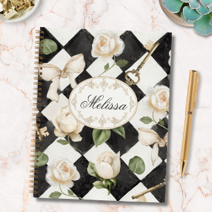 Monogram Vintage Rose Bloemen Zwart Witte Diamant Notitieboek