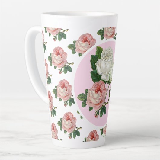 Monogram Vintage Roze Roos Bloemige Chic Latte Mok (Linkerhoek)