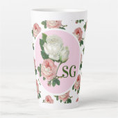 Monogram Vintage Roze Roos Bloemige Chic Latte Mok (Voorkant)