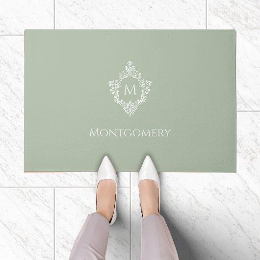 Monogram Vintage Sage Green White Crest Elegant  Deurmat