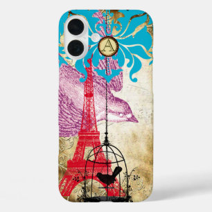 Monogram Vintage Vogel Effiel Toren Damast iPhone 16 Plus Hoesje