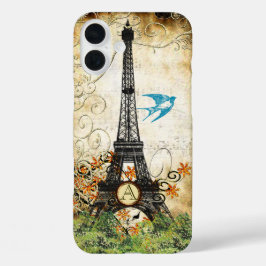 Monogram Vintage Vogel Eiffeltoren iPhone 16 Plus Hoesje