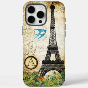 Monogram Vintage Vogel Eiffeltoren iPhone 16 Pro Max Hoesje