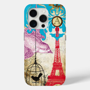Monogram Vintage Vogel Eiffeltoren Damast iPhone 15 Pro Case