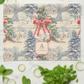 Monogram Vintage Winterdorp Kerstmis Rode Strik Theedoek (Gevouwen)