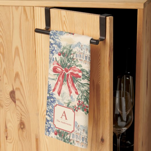 Monogram Vintage Winterdorp Kerstmis Rode Strik Theedoek (Derde Gevouwen)