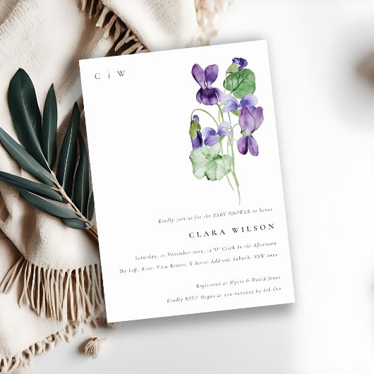  Monogram Violet Floral Bunch Baby shower Kaart
