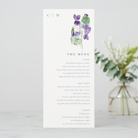 Monogram Violet Floral Bunch Wedding Menu Kaart (Staand voorkant)