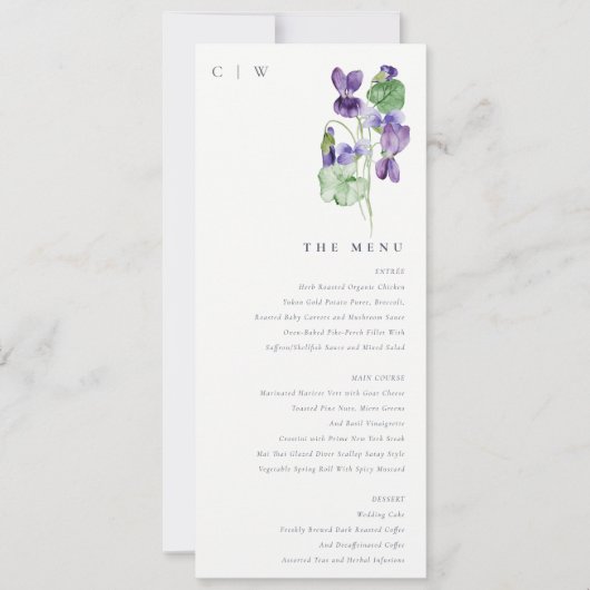 Monogram Violet Floral Bunch Wedding Menu Kaart (Voorkant)