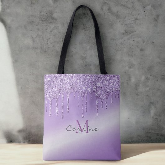Monogram Violet Paarse Dripping Glitter Metallic Tote Bag