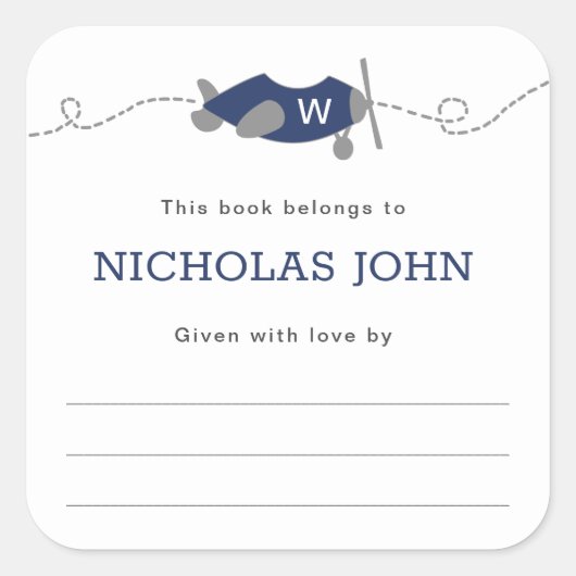 Monogram Vliegtuig Jongen Baby shower Bookplate Vierkante Sticker (Voorkant)