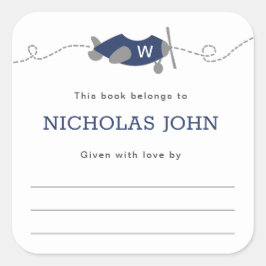 Monogram Vliegtuig Jongen Baby shower Bookplate Vierkante Sticker