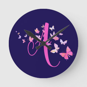 Monogram Vlinder Blauw Roze Ronde Klok