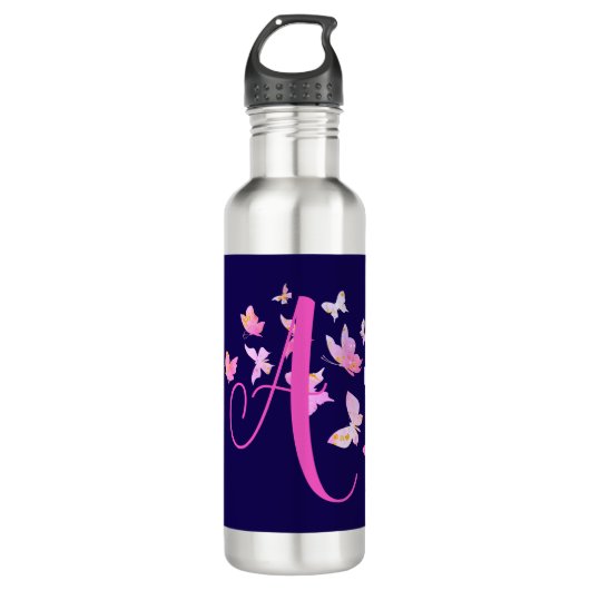 Monogram Vlinder Blauw Roze Waterfles (Voorkant)