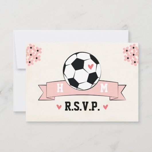 Monogram Voetbal Bruiloft RSVP Kaart met Roze Hart (Voorkant)