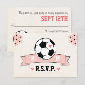 Monogram Voetbal Bruiloft RSVP Kaart met Roze Hart (Voorkant / Achterkant)