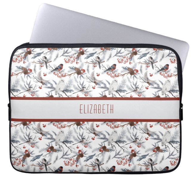 Monogram Vogel Wit Grijs Zilveren Tak Rode Bessen Laptop Sleeve (Voorkant)