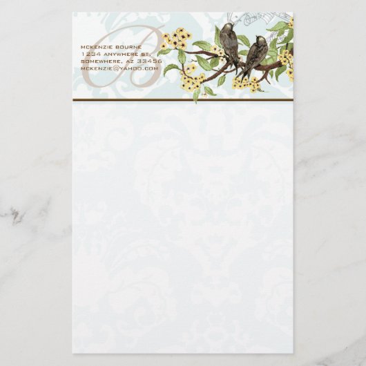 Monogram Vogels Gele Bloemen Stationery Briefpapier (Voorkant)