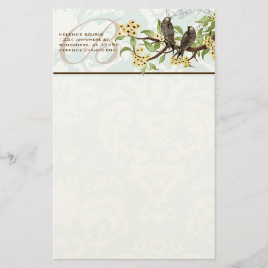 Monogram  Vogels Gele Bloemen Stationery Briefpapier (Voorkant)