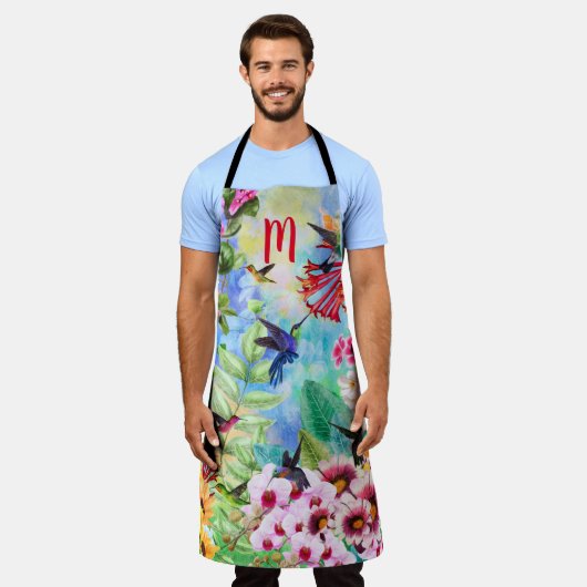 Monogram Vogels met bloemen Schort (Gedragen)