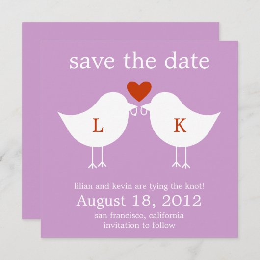 Monogram vogels sparen de datumkaart - Paars Save The Date (Voorkant / Achterkant)