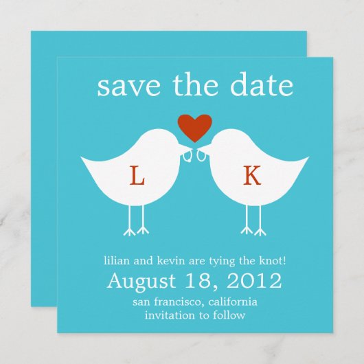 Monogram vogels sparen de datumkaart - Turquoise Save The Date (Voorkant / Achterkant)