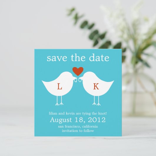 Monogram vogels sparen de datumkaart - Turquoise Save The Date (Staand voorkant)