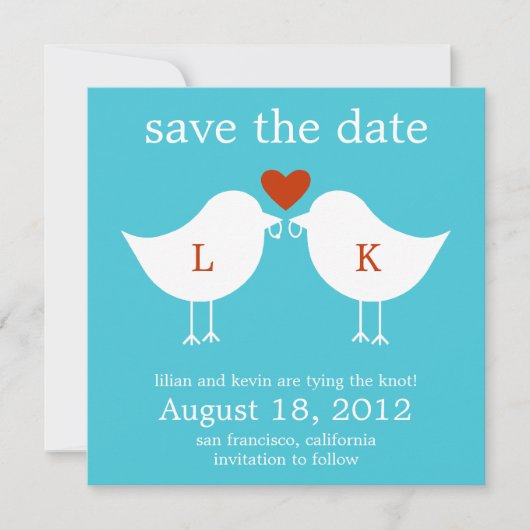 Monogram vogels sparen de datumkaart - Turquoise Save The Date (Voorkant)