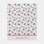 Monogram vogels White Grey Silver Branch Red Berry Fleece Deken (Voorkant)
