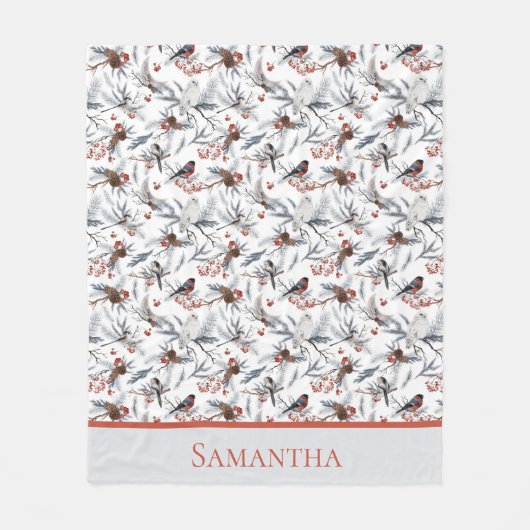 Monogram vogels White Grey Silver Branch Red Berry Fleece Deken (Voorkant)