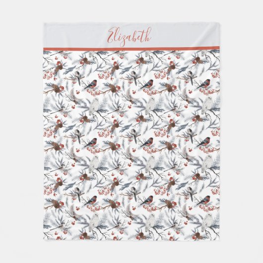 Monogram vogels White Grey Silver Branch Red Berry Fleece Deken (Voorkant)