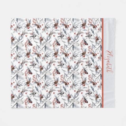 Monogram vogels White Grey Silver Branch Red Berry Fleece Deken (Voorkant (Horizontaal))