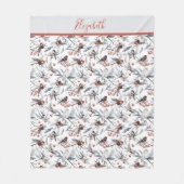 Monogram Vogels Wit Grijs Zilver Tak Rode Bes Fleece Deken (Voorkant)