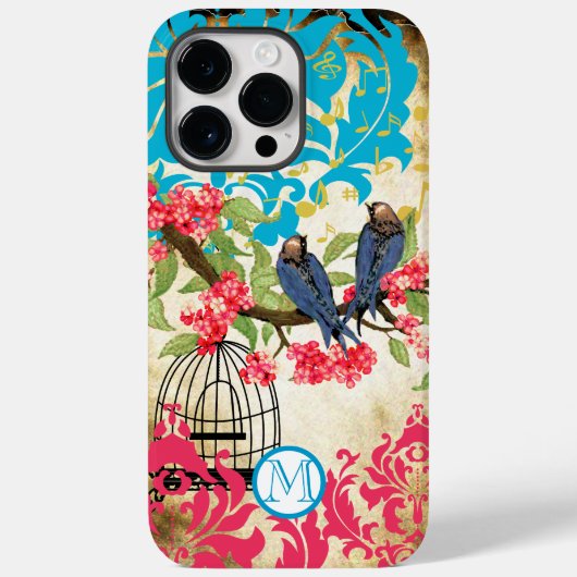 Monogram Vogelvogel Damask iPhone Case (Achterkant)