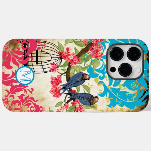 Monogram Vogelvogel Damask iPhone Case (Achterkant (horizontaal))