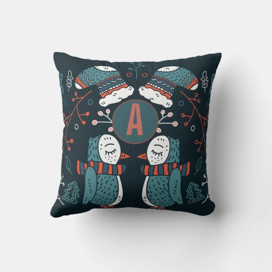 Monogram Volkskunst Kerstmis Blauw Rood Uilen Bome Kussen (Achterkant)