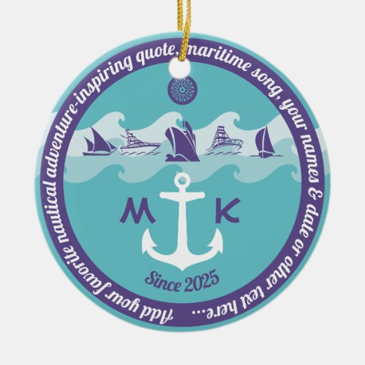 Monogram voor Ankergolven Nautical Ship Boat Yacht Keramisch Ornament (Voorkant)