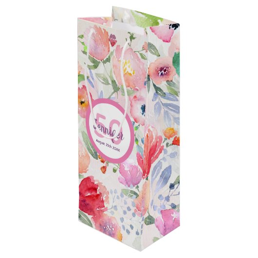 Monogram voor Birthday roze florals Wijn Cadeautas (Achterkant Gekanteld)