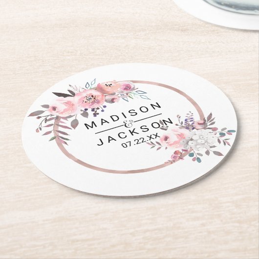 Monogram voor bloedige bruiloft met gouden rand en ronde kartonnen onderzetter (Gebogen)