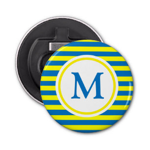 Monogram voor Bright Geel en Blauw Stripes Button Flesopener