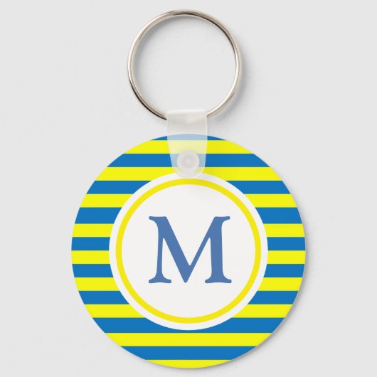 Monogram voor Bright Geel en Blauw Stripes Sleutelhanger (Voorkant)