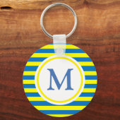 Monogram voor Bright Geel en Blauw Stripes Sleutelhanger (Voorkant)
