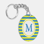 Monogram voor Bright Geel en Blauw Stripes Sleutelhanger (Voorkant Links)