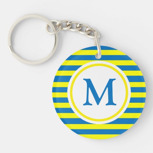 Monogram voor Bright Geel en Blauw Stripes Sleutelhanger (Voorkant)