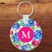  monogram voor Bright Roze en Blauwe Floral Sleutelhanger (Voorkant)