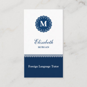 Monogram voor buitenlandse taal Tutor Elegant Blue Visitekaartje