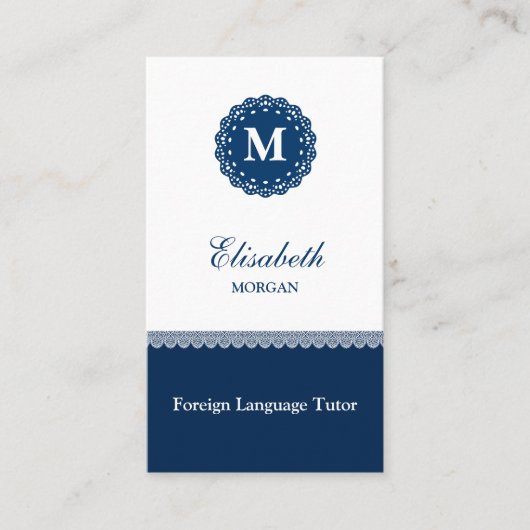 Monogram voor buitenlandse taal Tutor Elegant Blue Visitekaartje (Voorkant)