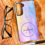 Monogram voor Chic Pastel Color Waterverf Initiaal Samsung Galaxy Hoesje<br><div class="desc">Dit hoesje heeft een roze, gele, paarse en blauwe pastel waterverf met een paarse omcirkeld door twee kleuren met een naam en initiaal letter monogram. Vul de sjabloon velden in met een naam en initiaal, verwijder de een of de ander of bewerk met behulp van het ontwerpgereedschap om een lettertypestijlgrootte...</div>