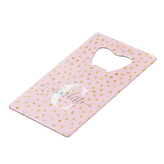 Monogram voor Chic Pink en Gold Stippen Creditkaart Flessenopener (Achterkant Gekanteld)