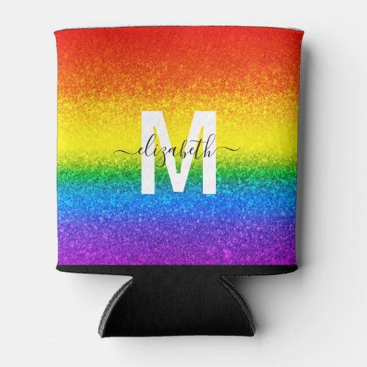 Monogram voor Chic Rainbow Glitter Stripes Blikjeskoeler (Voorkant)